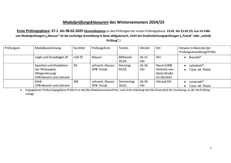 Termine Modulprüfungen (Klausuren, Testate, mündl. Prüfungen) WS 24_25 1. u. 2. Prüfungsphase